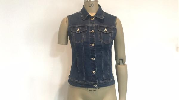 Button Through Ladies Denim Jacket Sleeveless Dark Wash Denim Vest Jacket
