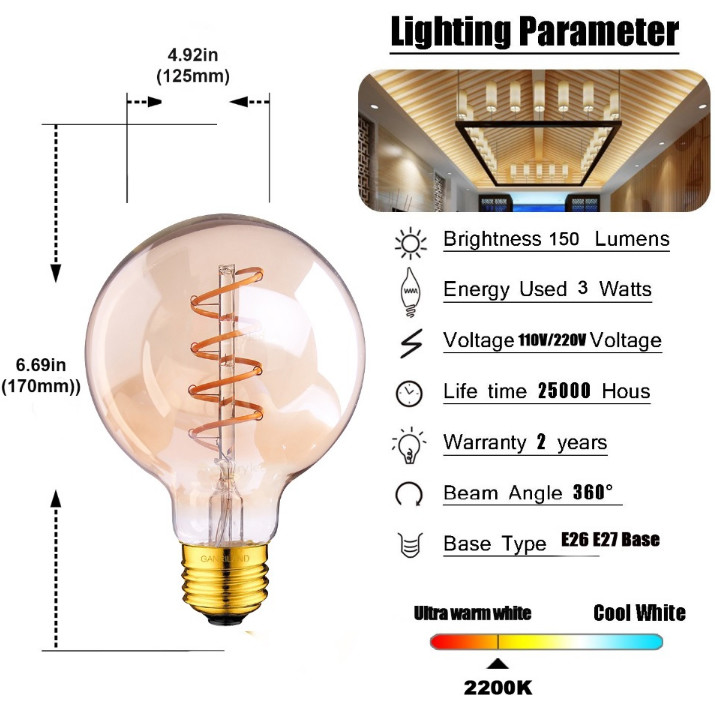 110v 220v Spiral Vintage Retro Lamp T185 G80 Ascher E26 Decorative Bulb