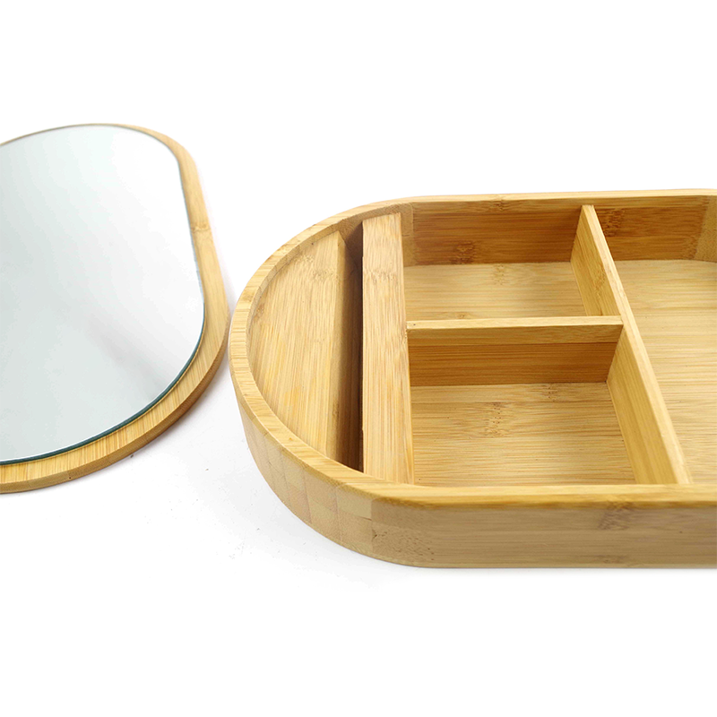 Bamboo Oval Mirror Jewelry Box Jewelry Organizer Multi Divided