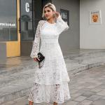 High Neck Ladies Lace Dresses Balloon Long Sleeve Lace Up Dress With Elastic