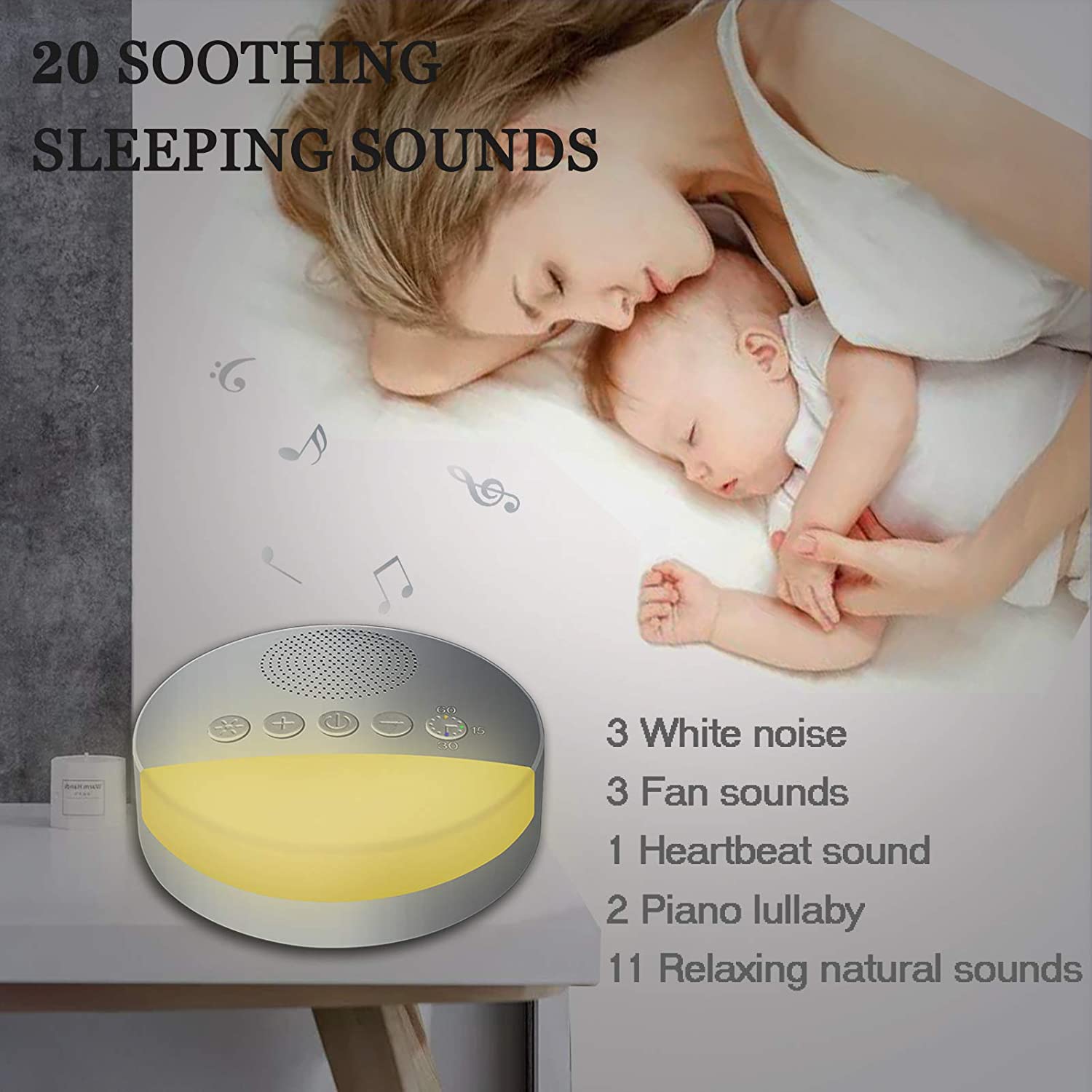 White Noise 20 Soothing Sounds 3.7V Touch Sensitive Night Light Lamp