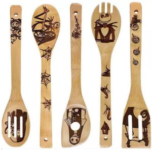 Wholesale Halloween Christmas Bamboo Kitchen Utensils Laser Engraved Bamboo Cutlery Set from china suppliers