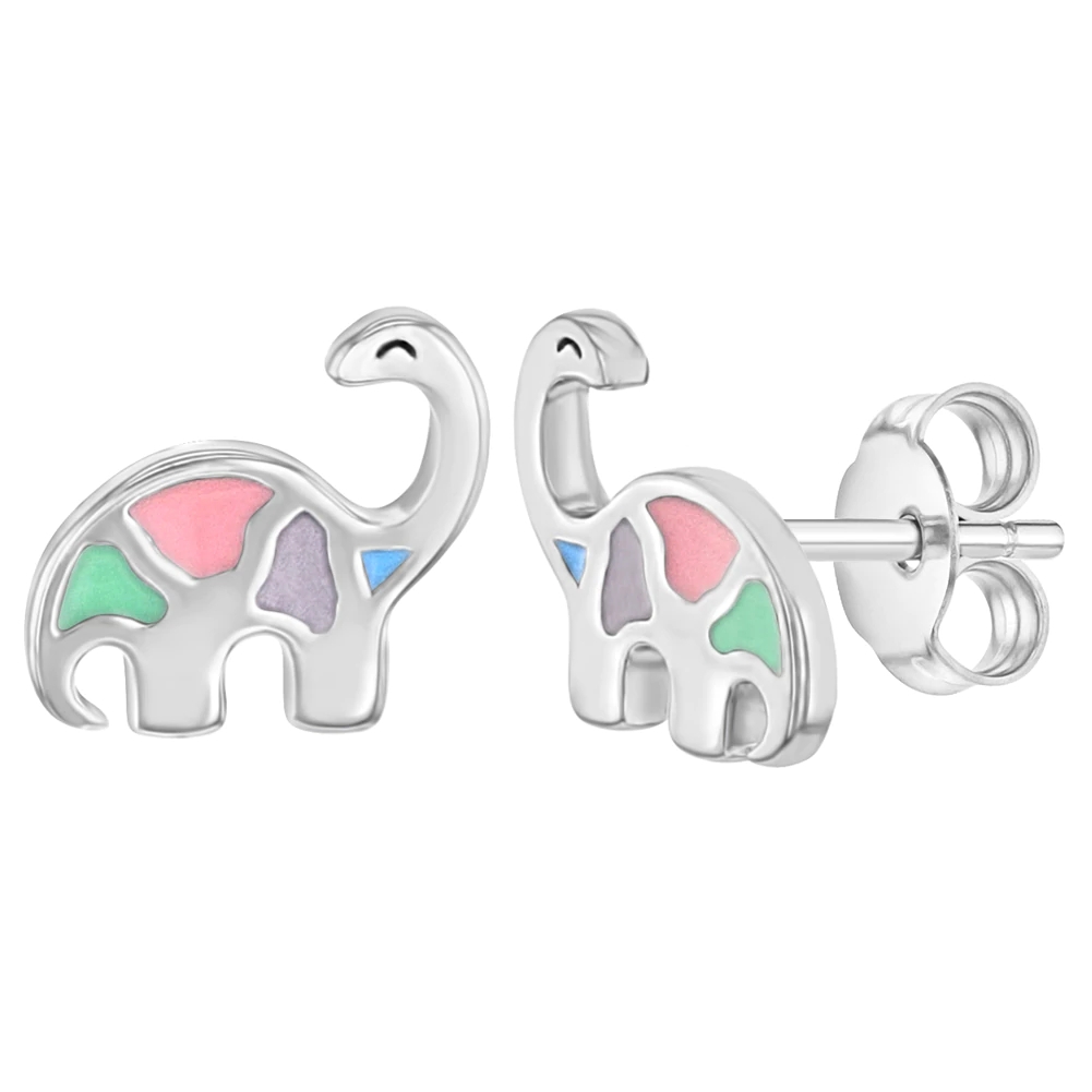 Multicolored Enamel Dinosaur Stud Earrings 925 Sterling Silver For Little Girls