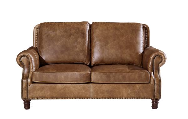 Rolled Arms 2 Seater Leather Sofa Vintage Tan Brown Color High Density Foam /