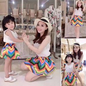 Wholesale 2016 Fashion Parent-child outfits Summer White Top+Cute Rainbow Skirt 2 PCS from china suppliers