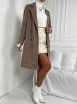 Office Ladies Notched Collar Plaid Coat Women Blazer Double Breasted Trench