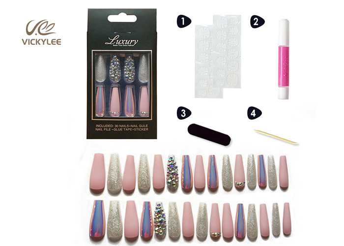 Glossy Pink Purple Hologram long coffin acrylic nails With Glitter