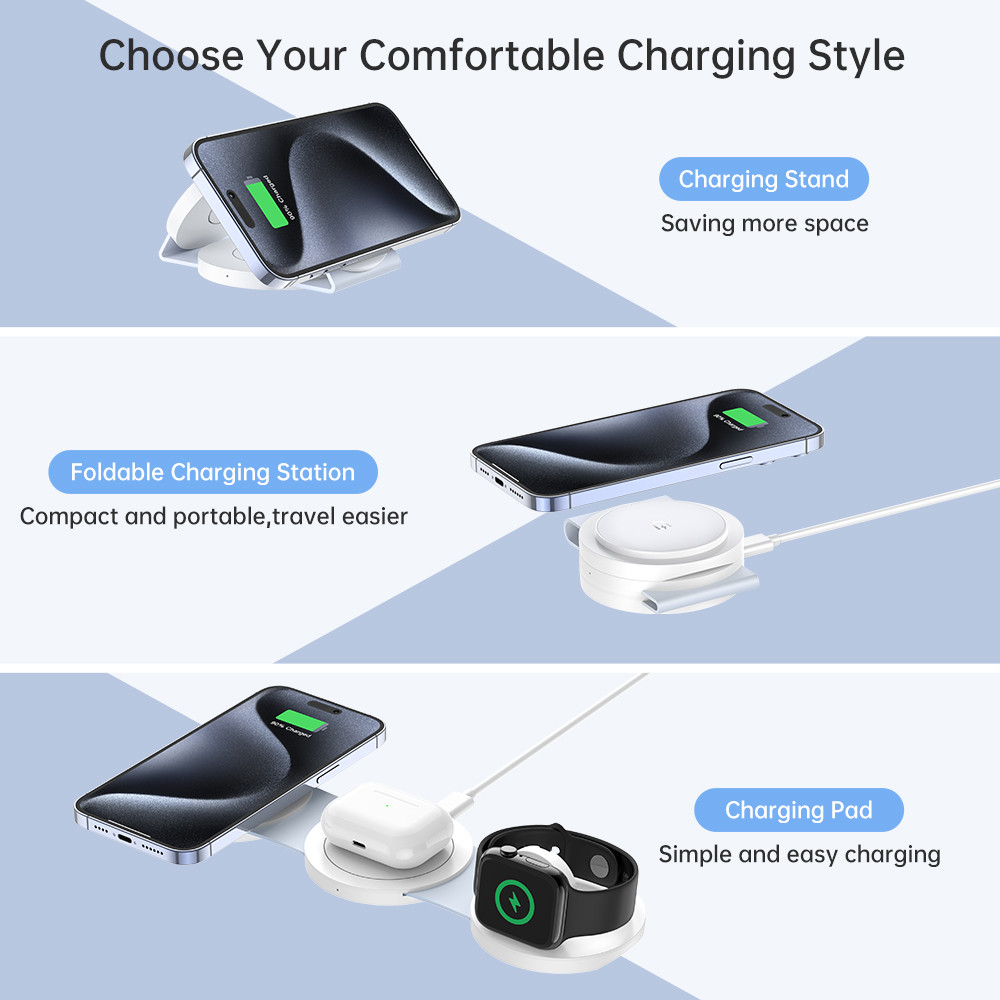 3 Fold 20W Wireless Charging Station With 5W/7.5W/10W/15W Magnetic Charger And Indicator Light