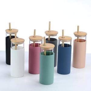 Wholesale Colorful Portable Dishwasher Safe Glass Tumbler With Silicone Sleeve High Borosilicate Glass Smoothie Tumbler With Bamboo Lid Reusable Design from china suppliers