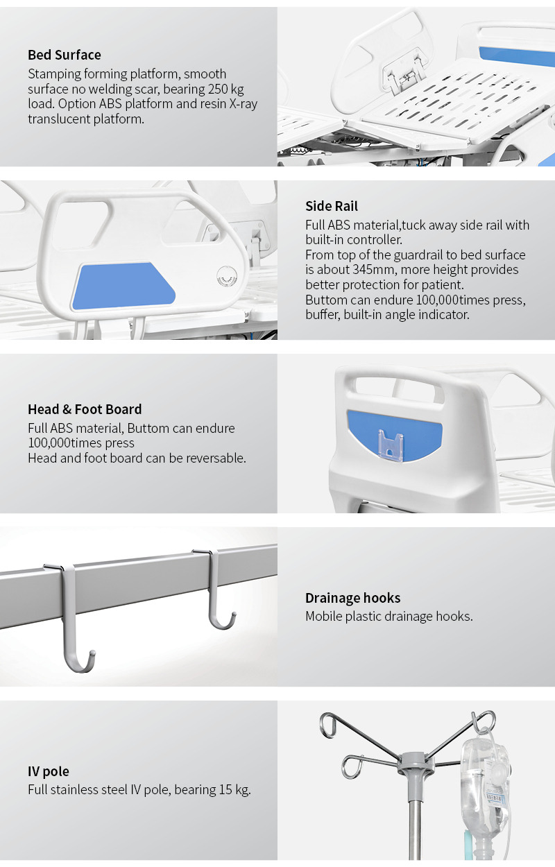 Portable Casters 5 Function Folding Metal Medical Furniture Adjustable Electric Nursing Patient Hospital Bed