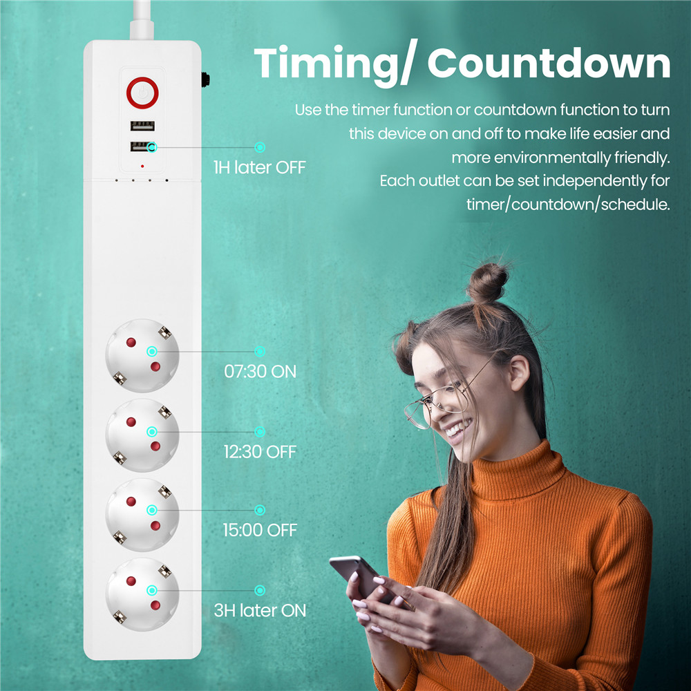 Glomarket Tuya Smartlife App Controlled 16A Protector Eu Standard Power Strip With Power Consumption