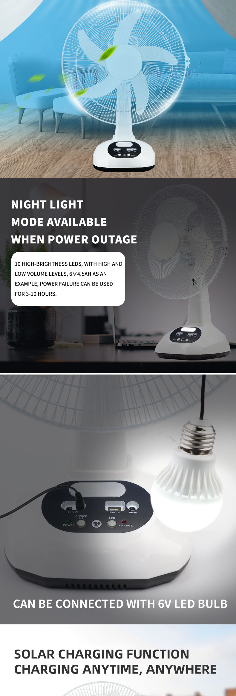 Wholesale 12Inch Popular Customized Support Mini Ventilateur GDlighting Portable Rechargeable Table Fan Solar Charging Fan