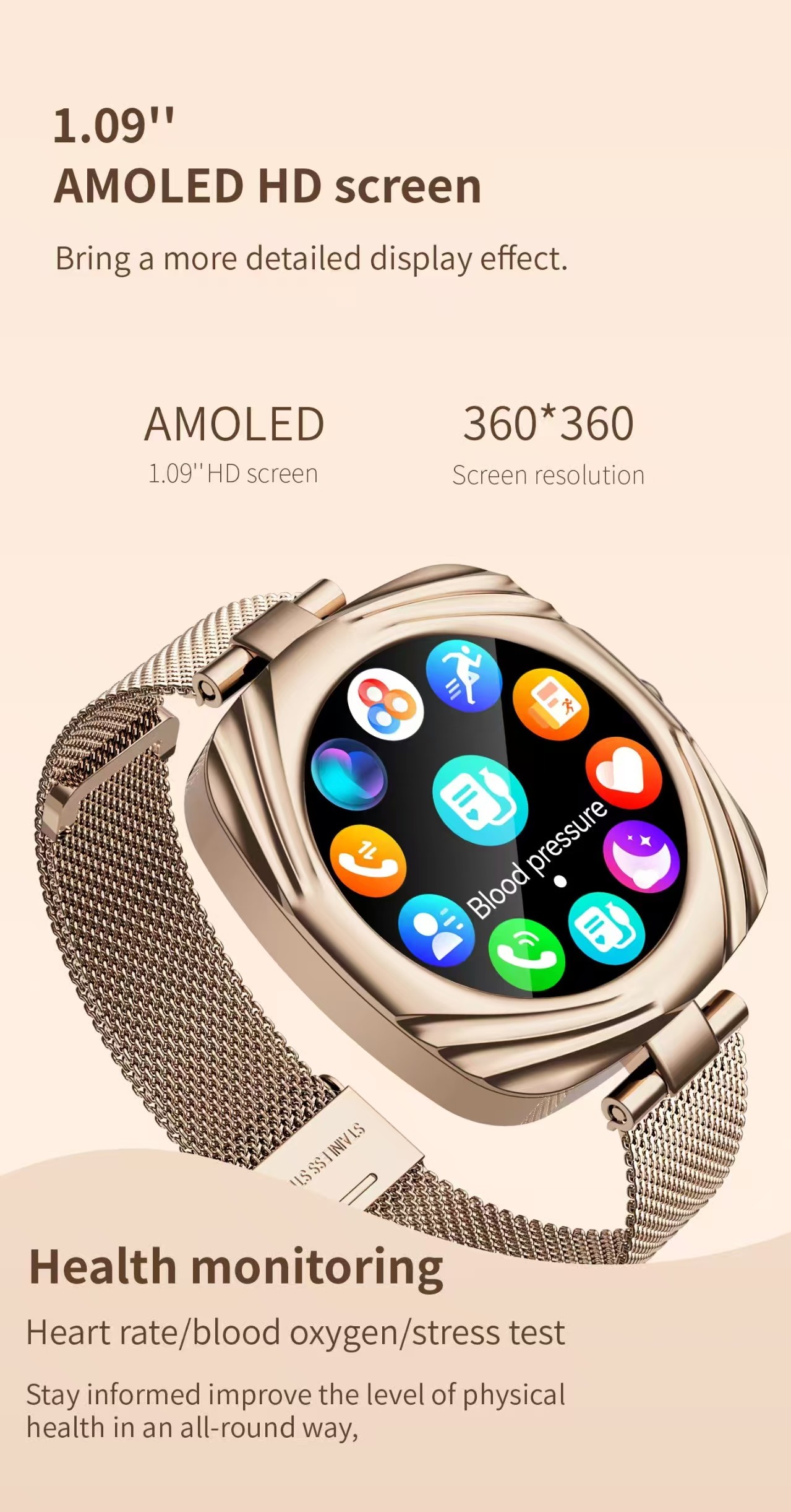 AW5 Women's Fashion Smart Watch 1.09 Inch AMOLED Square BT Call Female Health
