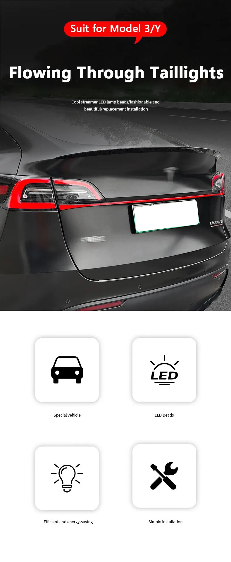 For Tesla Model Y 3 Through Taillight Dynamic Rear Tail Light Strip Upgrade And Modification Decoration M3 Y