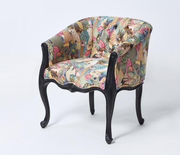Elegant black oak Wood Frame French Style Chair Crazy birds Fabric Antique