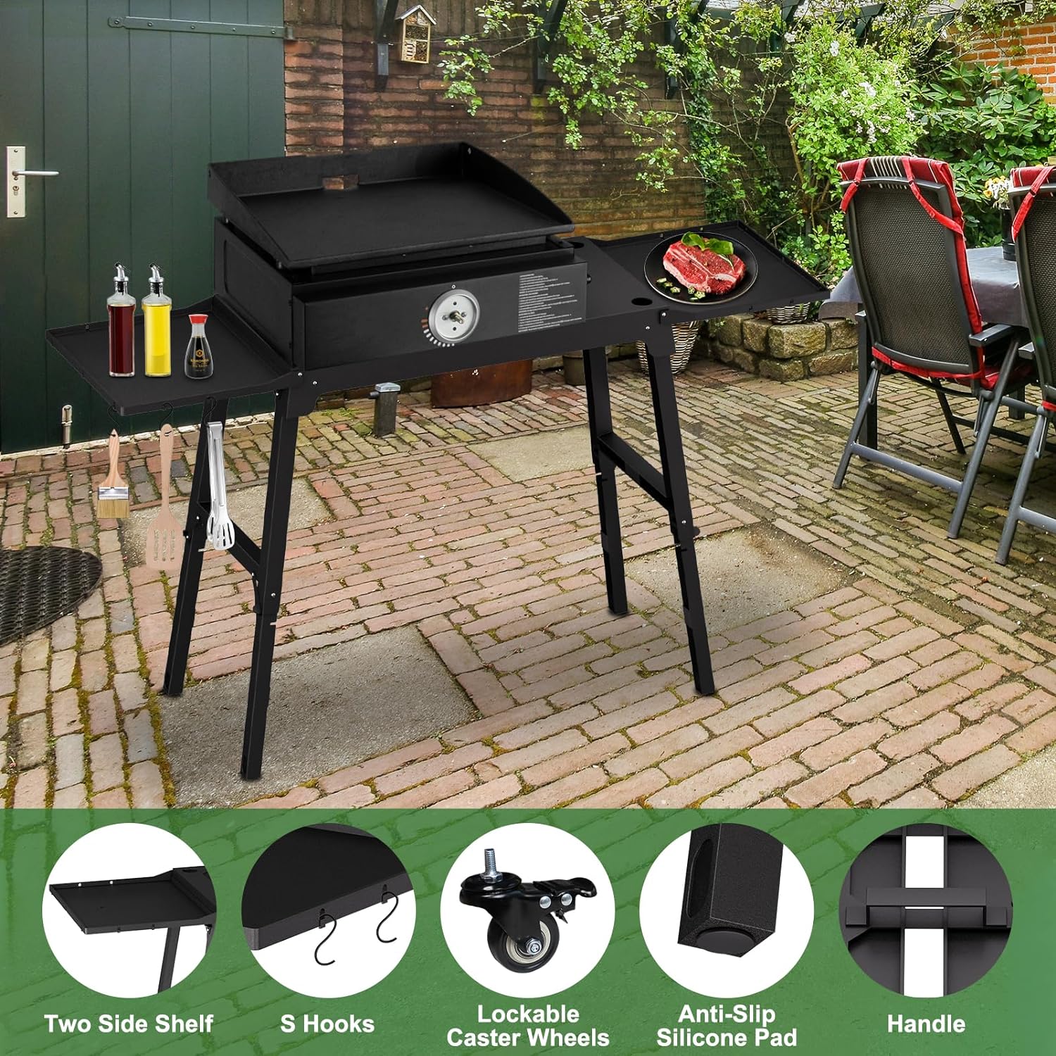 2-3Kg Universal Portable Folding Grill Table with Caster Wheels and Double Side Shelf