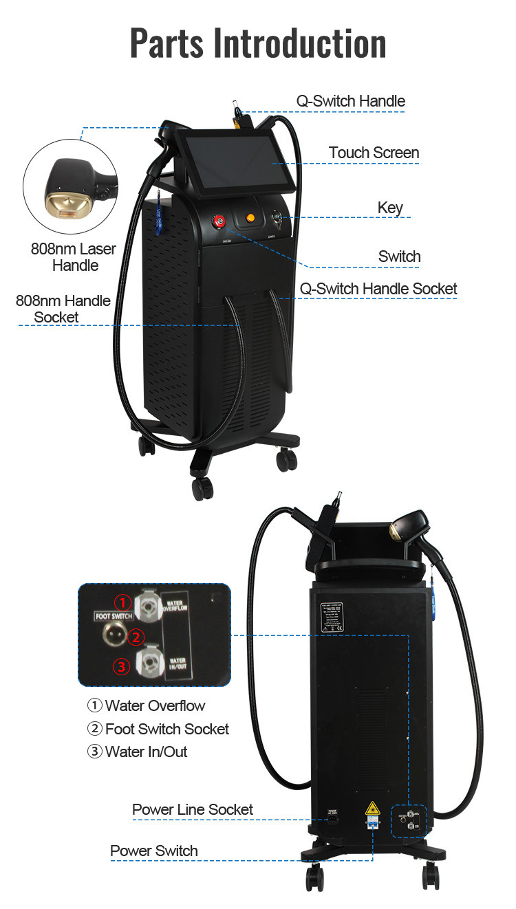 Q Switch 2 Handles Soprano Diode Laser 808nm Nd Yag For Hair Removal