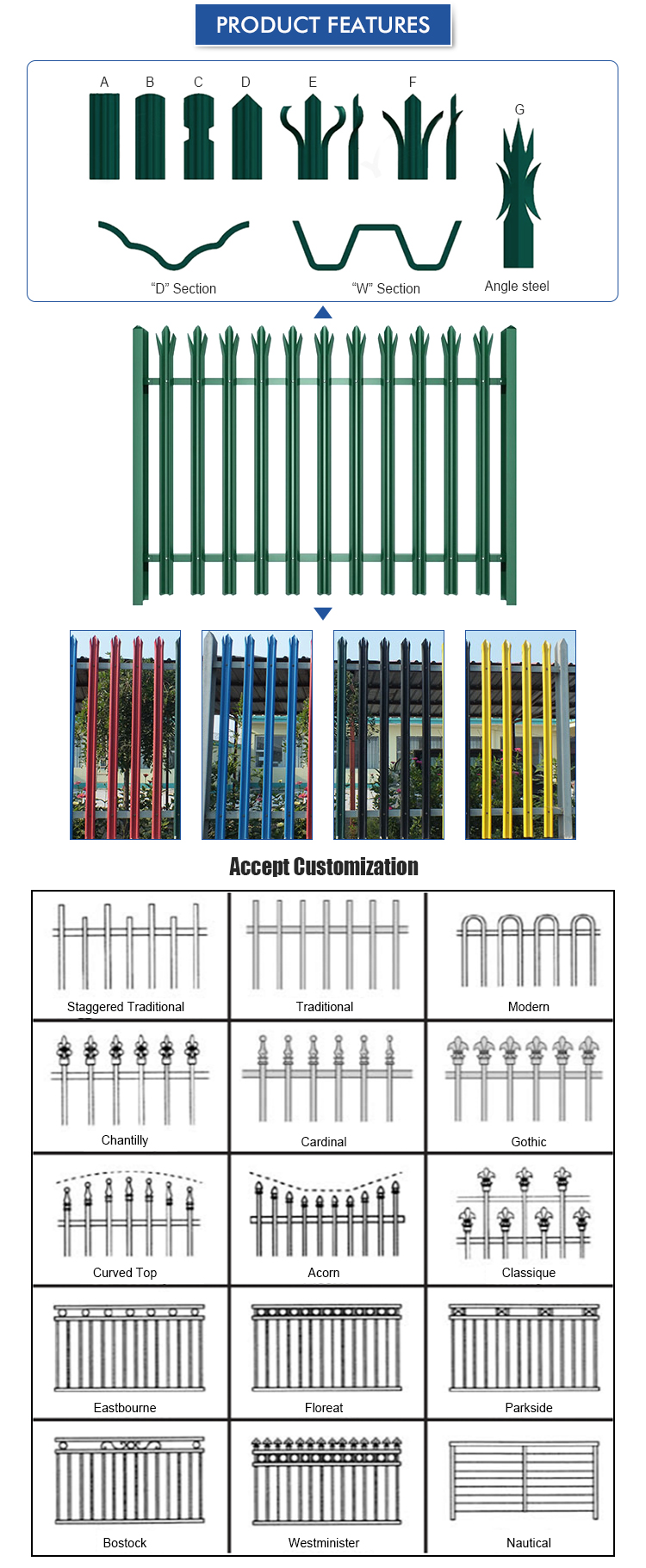 TL Powder Coated Galvanized Steel Palisade Fencing For Garden 1800mm