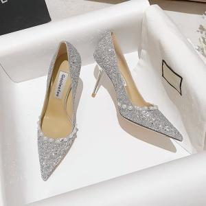 Wholesale Spring Ladies Wedding Pumps , Sheepskin Golden Shiny Pearl Crystal Shoes from china suppliers