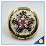 Shinny Gifts Luxury Rhinestone Flower Design Metal Compact Mirror Small Makeup
