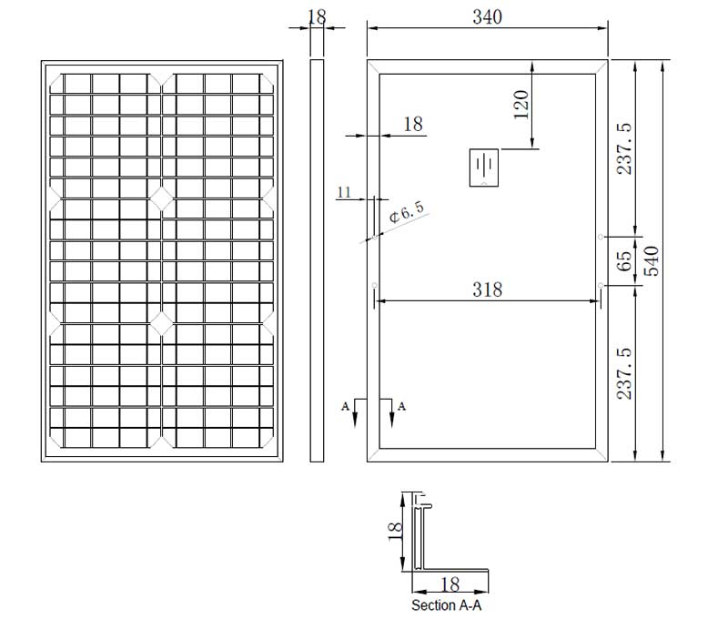 30W-18V small solar panel assembly size chart
