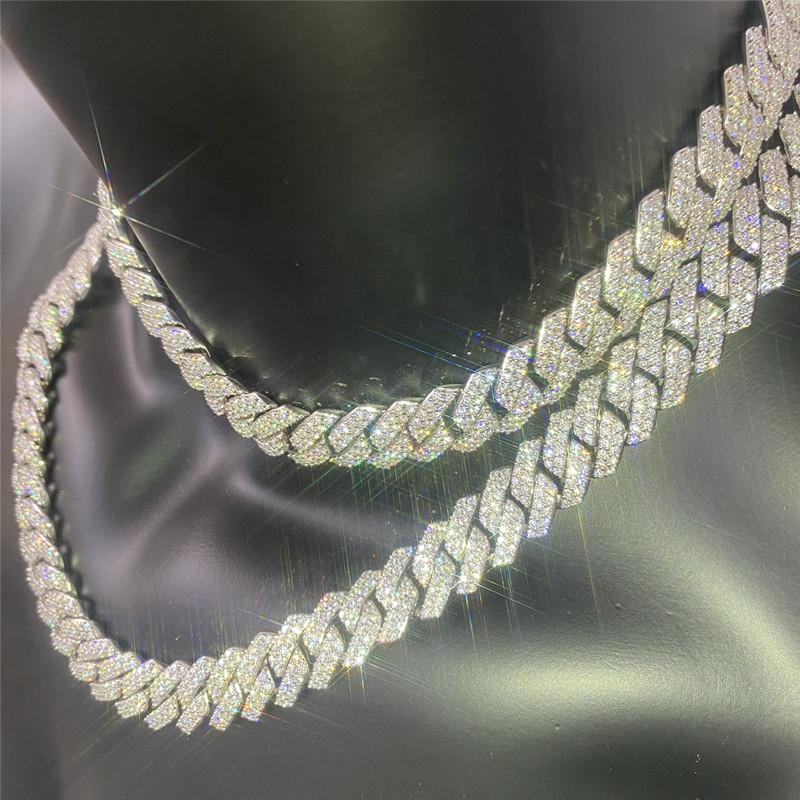 Hip Hop Miami Cuban Link Chain 15mm VVS Moissanite Sterling Silve Cuban Link Necklace