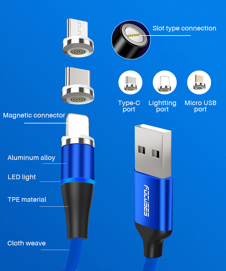 Nylon Braided 3 In 1 Magnetic USB Charging Cable 3.0 A Micro Type C Cable