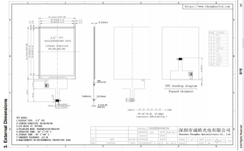 3.5 Inch Low Power LCD Display Module 320x480 Resolution With SPI Interface