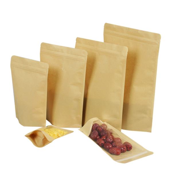 Clear Front Back Stand Up Resealable Kraft Paper Ziplock Bags For Food Dry Nuts Tea Leaves Packaging Storage