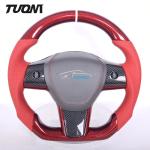 Red Carbon Fiber Rounded Top Flat Bottom Steering Wheel Tesla Model 3 Y