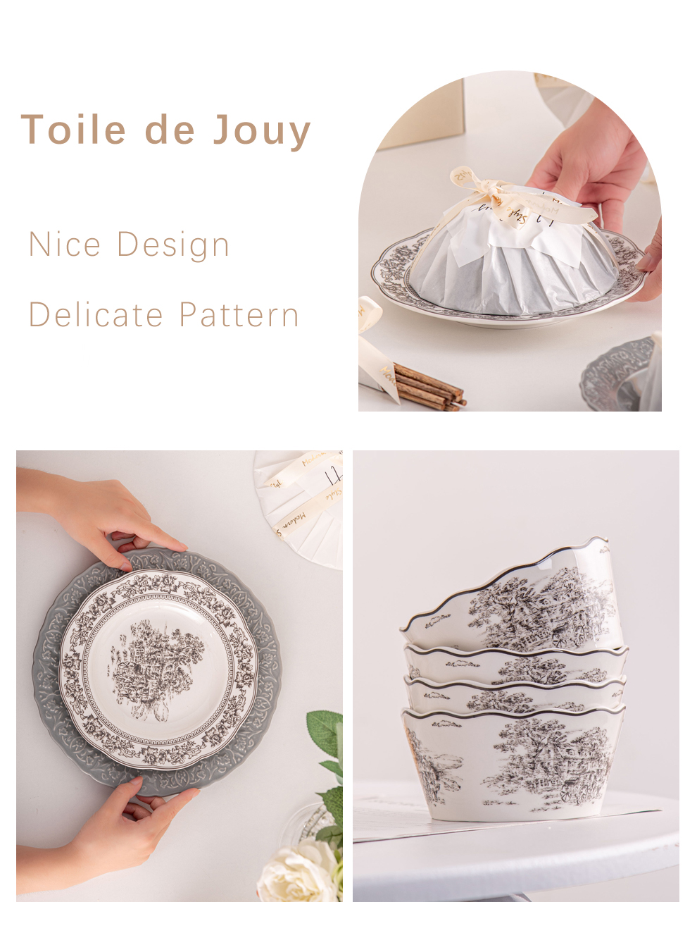 European Style Gray Dinnerware Sets With Luxury Porcelain And Scenic Pattern Ceramic