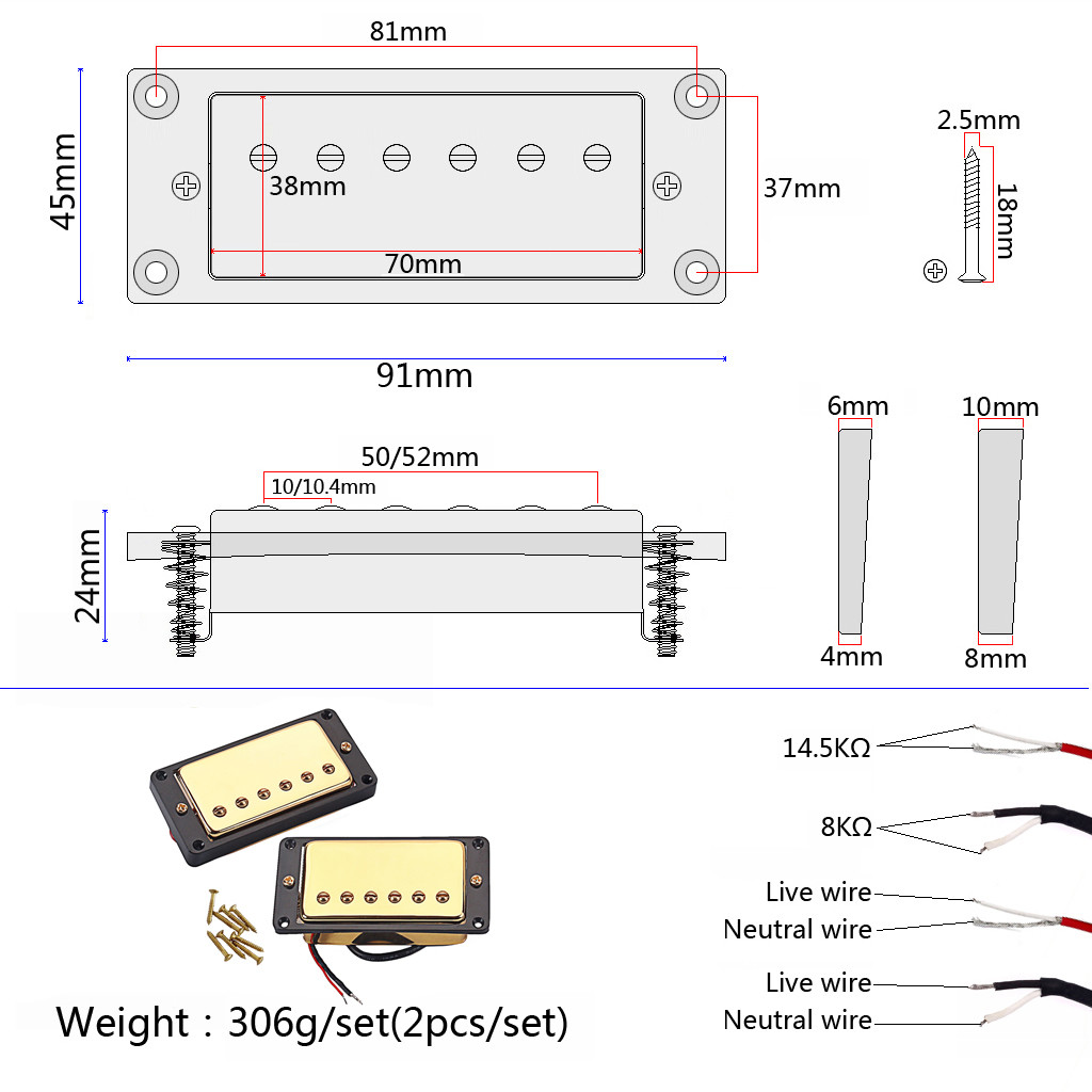 Ceramic Double Coil Humbucker Pickup N8 K/B14.5 K Adjustable Screw