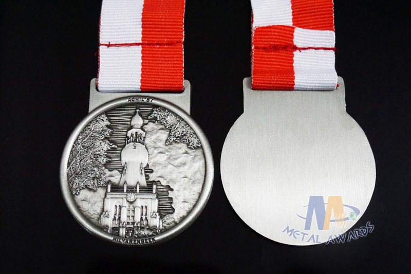 Old Tower 3D Effect Custom Award Medals With Red / White Ribbon 50 * 3mm