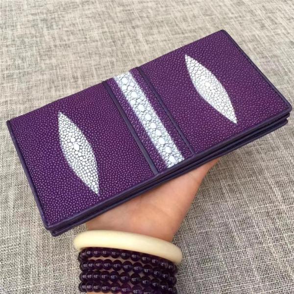 Unisex Style Authentic Real Stingray Skin Women Long Wallet Female Purple Thin
