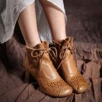 S369 New Leather Retro Mid-Heel Women'S Shoes, Hollow, Cool And Breathable Laces