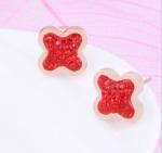 4 Leave Clover Stud Earrings for Girs Stainless Steel Inlaid Red Crystal