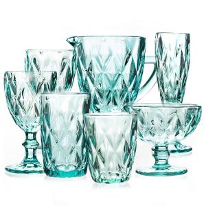 Wholesale Hand Blown Diamond Cut Crystal Wine Glasses , 200ml Glass Cup Sky Blue Colored from china suppliers