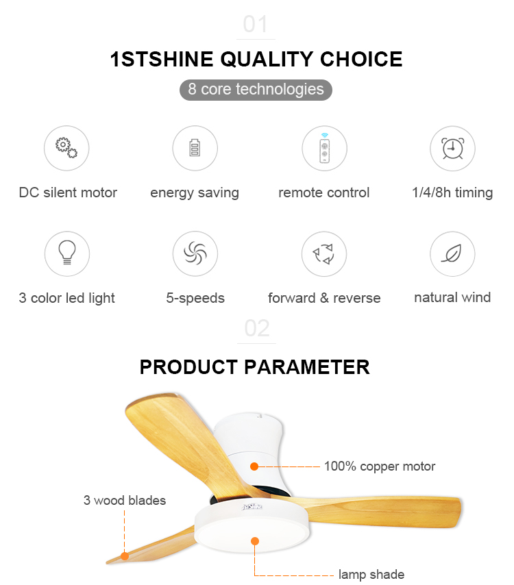 Modern Nordic Style 48 Inch 3 Wooden Blades Ceiling Fan with LED Light Energy Saving