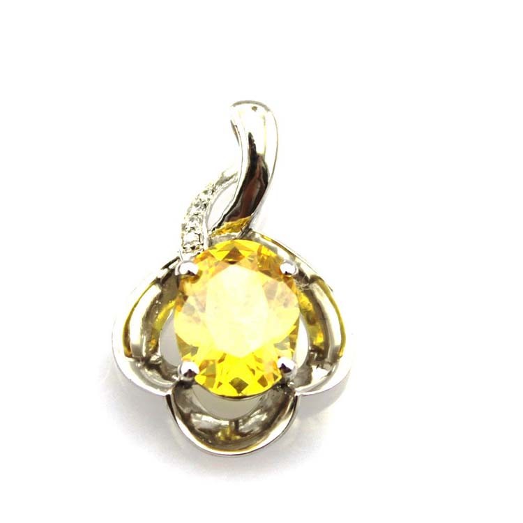 925 Silver Wave Chain Necklace and Citrine Cubic Zircon Pendant (PSJ0431)