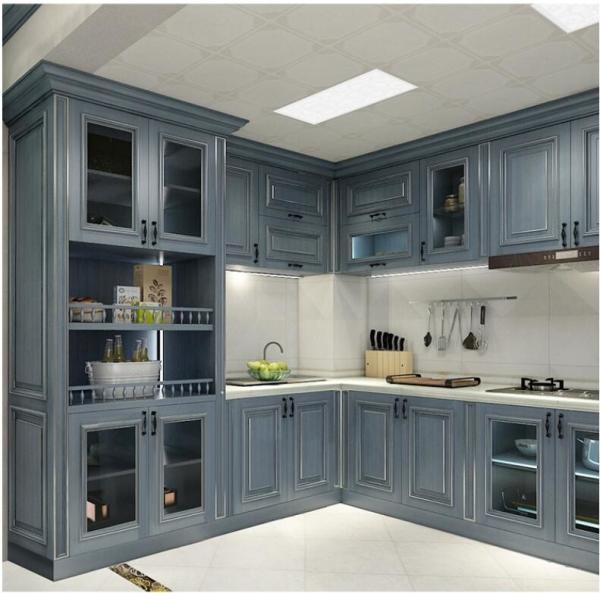 Modern Modular Kitchen Cabinets With Glass Door Upper Cabinet And Light Blue