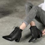 S221 Pointed toe leather short boots Korean style all-match high heel women's