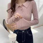 Lapel Button Women Knit Sweater , Long Sleeve Knit Sweater