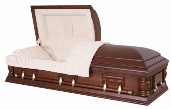 Semi Gloss Solid Wood Coffins , Mahogany Wooden Coffin With Almond Velvet