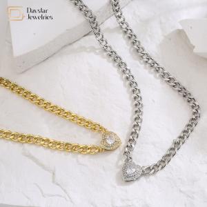 Wholesale Love Diamond Zircon Charm Heart Pendant Necklace Stainless Steel Cuban Link Chain from china suppliers