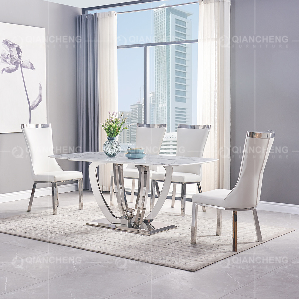 Qiancheng 200x100x75cm Marble Top Restaurant Tables Smooth SS Lightweight Frame