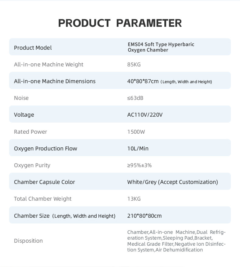 EMS04 Noise Level Less Than 63 DB Hyperbaric Oxygen Therapy Chamber for Rehabilitation