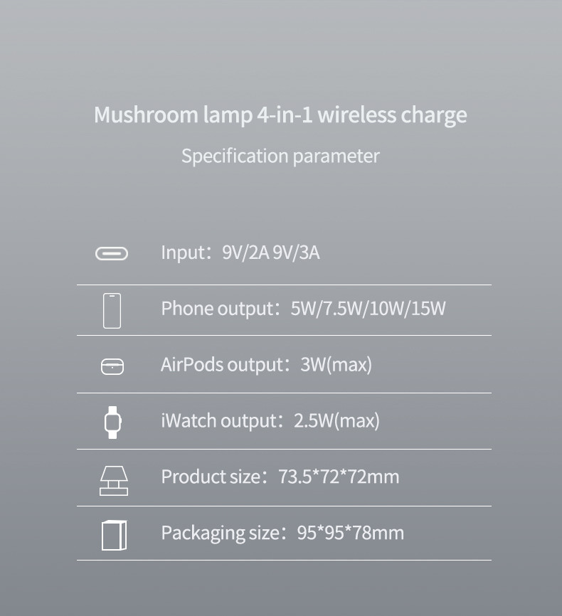 Mushroom Night Lamp Wireless Charger 5V/3A Qi Phone IWatch AirPods Charger With Heavy Base