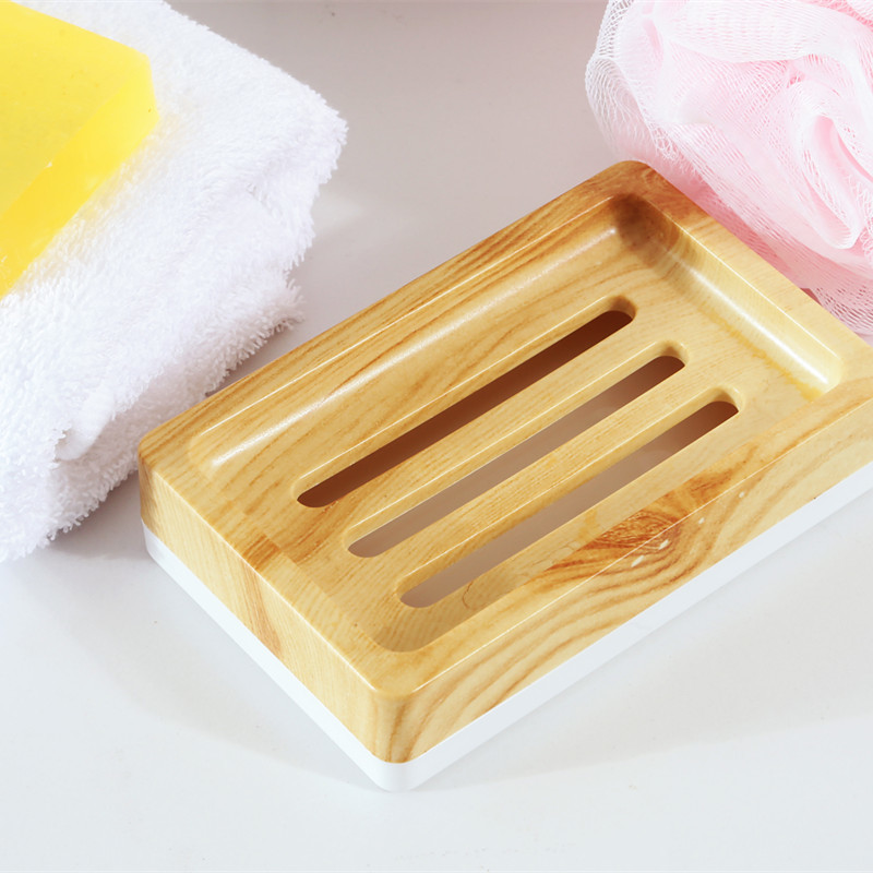 Toilet Wood Grain Shelf Plastic Soap Holder Dish Tray With Lid Drain