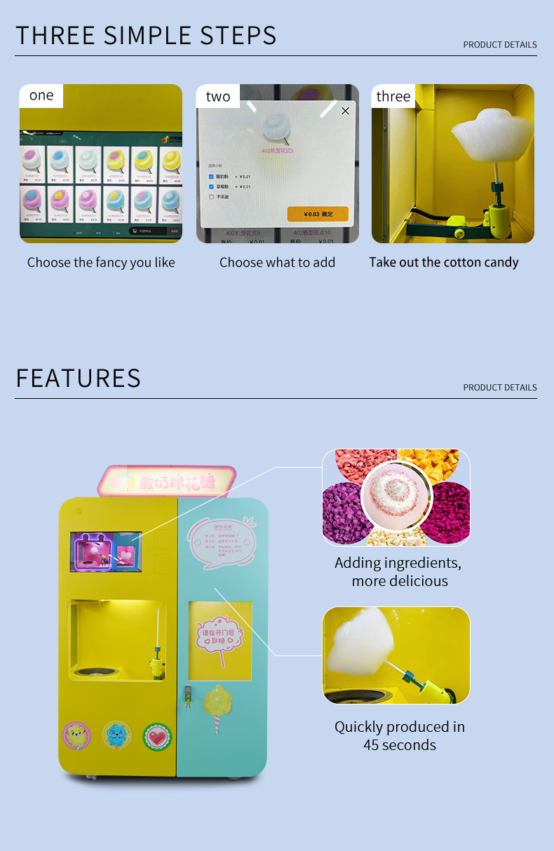 Outdoor Robot Cotton Candy Vending Machine Yellow Bill Payment