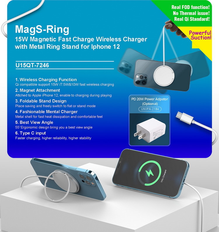 φ56 X6mm Ultra Thin Wireless Charger , 15W Magnetic Fast Charger With Metal Ring Stand